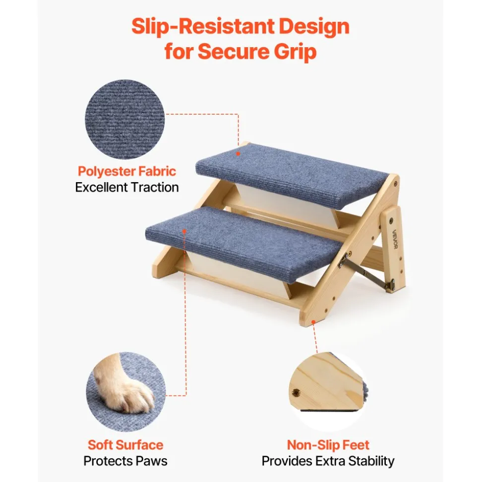 VEVOR Wood Pet Stairs, 2-Step Dog Stairs for Beds, Sofa & Cars, 110lbs Load Capacity, Floded Flat Design, Stable & Sturdy Cat & Dog Step Ladder for Small Medium Large Older Pet Puppy Essentials