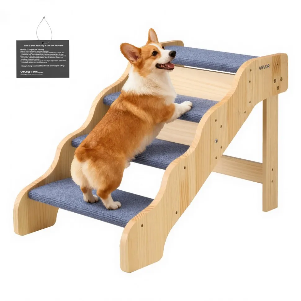 VEVOR Wood Pet Stairs, 4-Step Dog Stairs for High Beds, Sofa & Cars, 150lbs Load Capacity, Non-Slip Surface, Stable Cat & Dog Step Ladder for Small Medium Large Older Pet Puppy Essentials