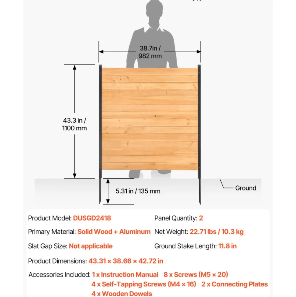 VEVOR Wood Privacy Fence, 39" W x 61" L, 1-Panel Air Conditioner Fence Screen, Pool Equipment Enclosure with Metal Stakes, Easy DIY Installation, Outdoor Trash Can Hider for Garden Decoration