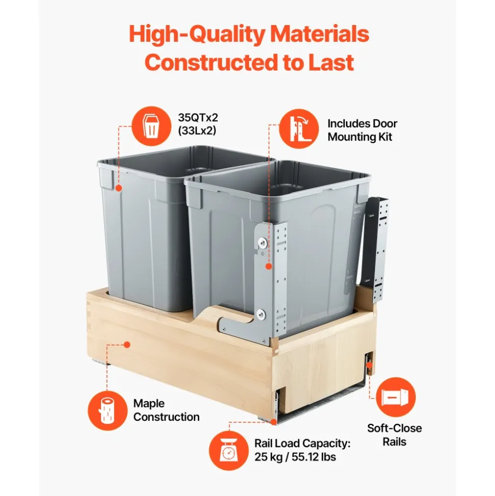 VEVOR Wood Pullout Trash Can for Kitchen Cabinets, 35 QT x2 Double Under Sink Garbage Waste Recycling Bin, Under Mount Waste Container, with Heavy Duty Metal Soft Close Sliding System and Door Kit