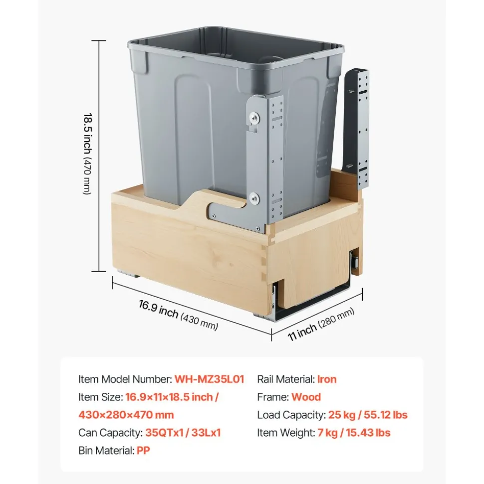 VEVOR Wood Pullout Trash Can for Kitchen Cabinets, 35 QT Garbage Waste Recycling Bin, Under Mount Waste Container, with Heavy Duty Metal Soft Close Sliding System, Door Kit, for Sink, Under Counter