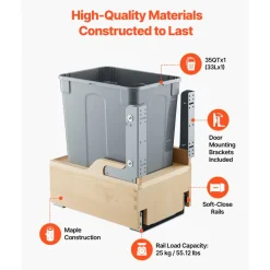 VEVOR Wood Pullout Trash Can for Kitchen Cabinets, 35 QT Garbage Waste Recycling Bin, Under Mount Waste Container, with Heavy Duty Metal Soft Close Sliding System, Door Kit, for Sink, Under Counter
