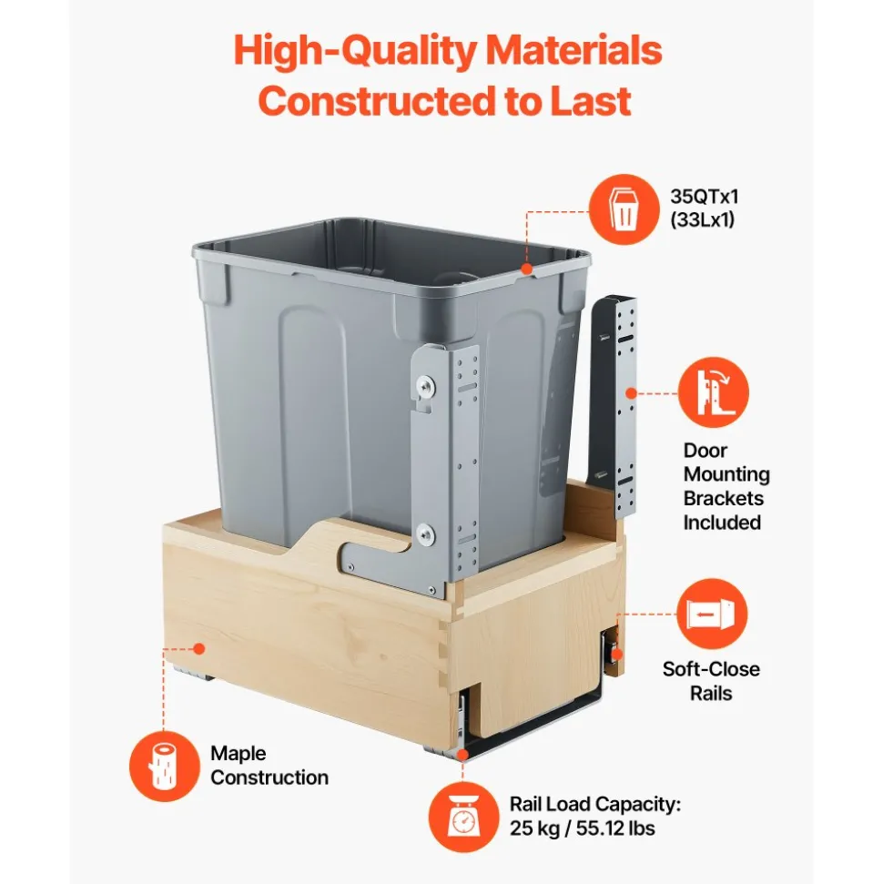 VEVOR Wood Pullout Trash Can for Kitchen Cabinets, 35 QT Garbage Waste Recycling Bin, Under Mount Waste Container, with Heavy Duty Metal Soft Close Sliding System, Door Kit, for Sink, Under Counter