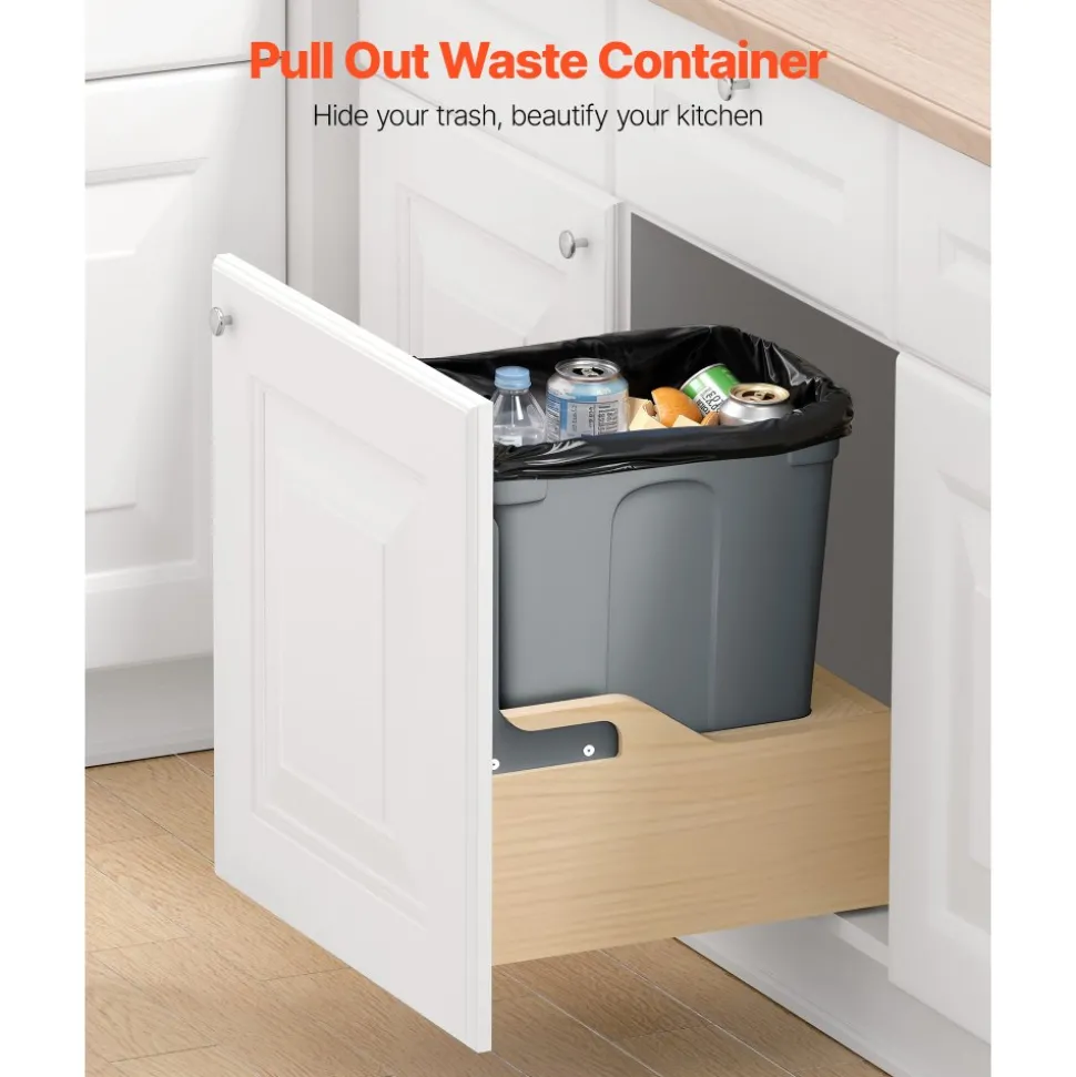 VEVOR Wood Pullout Trash Can for Kitchen Cabinets, 35 QT Garbage Waste Recycling Bin, Under Mount Waste Container, with Heavy Duty Metal Soft Close Sliding System, Door Kit, for Sink, Under Counter