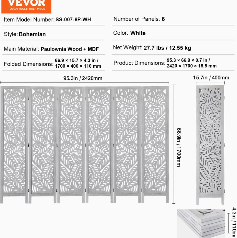 VEVOR Wood Room Divider, 6 Panel Wood Folding Privacy Screen, 66.9 Inches Tall Indoor Carved Partition Divider, Portable Decoration Screen, for Room Separation, Home, Office, Restaurant & Bedroom