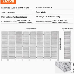 VEVOR Wood Room Divider, 8 Panel Wood Folding Privacy Screen, 66.9 Inches Tall Indoor Louvered Wooden Partition, Portable Decoration Screen, for Room Separation, Home, Office, Restaurant & Bedroom