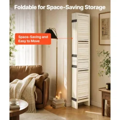 VEVOR Wood Room Divider 6 Panels Wood Folding Privacy Screen with Shelves, For Room Separation & Home Decor, 67.1 in Tall, Solid Frame, 360° Two-Way Hinges, Louvered Wooden Partition with Hardware