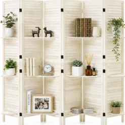 VEVOR Wood Room Divider 6 Panels Wood Folding Privacy Screen with Shelves, For Room Separation & Home Decor, 67.1 in Tall, Solid Frame, 360° Two-Way Hinges, Louvered Wooden Partition with Hardware