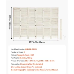 VEVOR Wood Room Divider 6 Panels Wood Folding Privacy Screen with Shelves, For Room Separation & Home Decor, 67.1 in Tall, Solid Frame, 360° Two-Way Hinges, Louvered Wooden Partition with Hardware