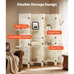 VEVOR Wood Room Divider 6 Panels Wood Folding Privacy Screen with Shelves, For Room Separation & Home Decor, 67.1 in Tall, Solid Frame, 360° Two-Way Hinges, Louvered Wooden Partition with Hardware