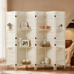 VEVOR Wood Room Divider 6 Panels Wood Folding Privacy Screen with Shelves, For Room Separation & Home Decor, 67.1 in Tall, Solid Frame, 360° Two-Way Hinges, Louvered Wooden Partition with Hardware