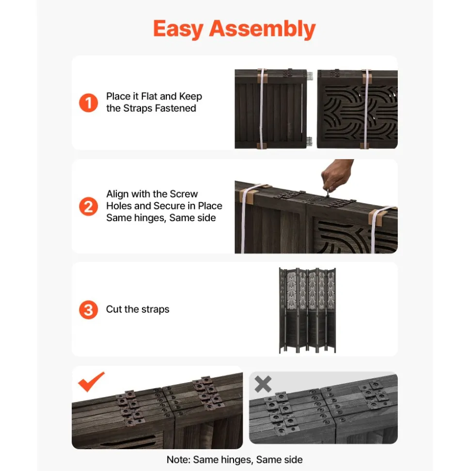 VEVOR Wood Room Divider 4 Panels 67 in Tall Wood Folding Privacy Screen, For Room Separation & Home Decor, Solid Frame, 360° Two-Way Hinges, Easy Assembly, Louvered Wooden Partition with Hardware
