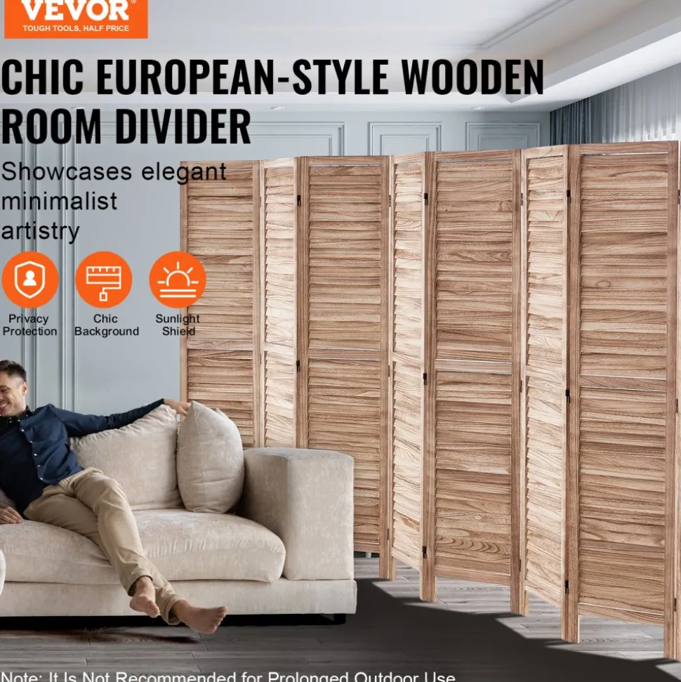 VEVOR Wood Room Divider, 8 Panel Wood Folding Privacy Screen, 66.9 Inches Tall Indoor Louvered Partition Divider, Portable Decoration Screen, for Room Separation, Home, Office, Restaurant & Bedroom