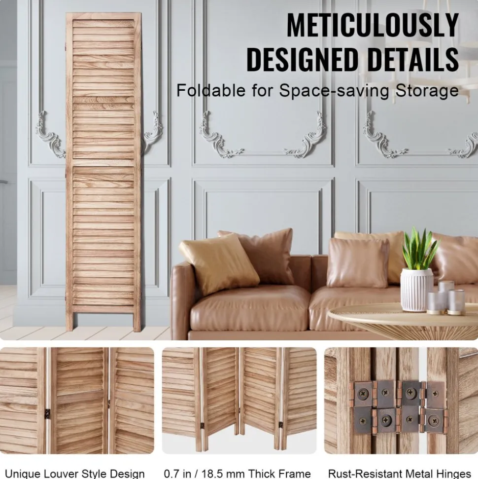 VEVOR Wood Room Divider, 8 Panel Wood Folding Privacy Screen, 66.9 Inches Tall Indoor Louvered Partition Divider, Portable Decoration Screen, for Room Separation, Home, Office, Restaurant & Bedroom