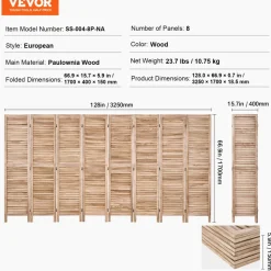 VEVOR Wood Room Divider, 8 Panel Wood Folding Privacy Screen, 66.9 Inches Tall Indoor Louvered Partition Divider, Portable Decoration Screen, for Room Separation, Home, Office, Restaurant & Bedroom