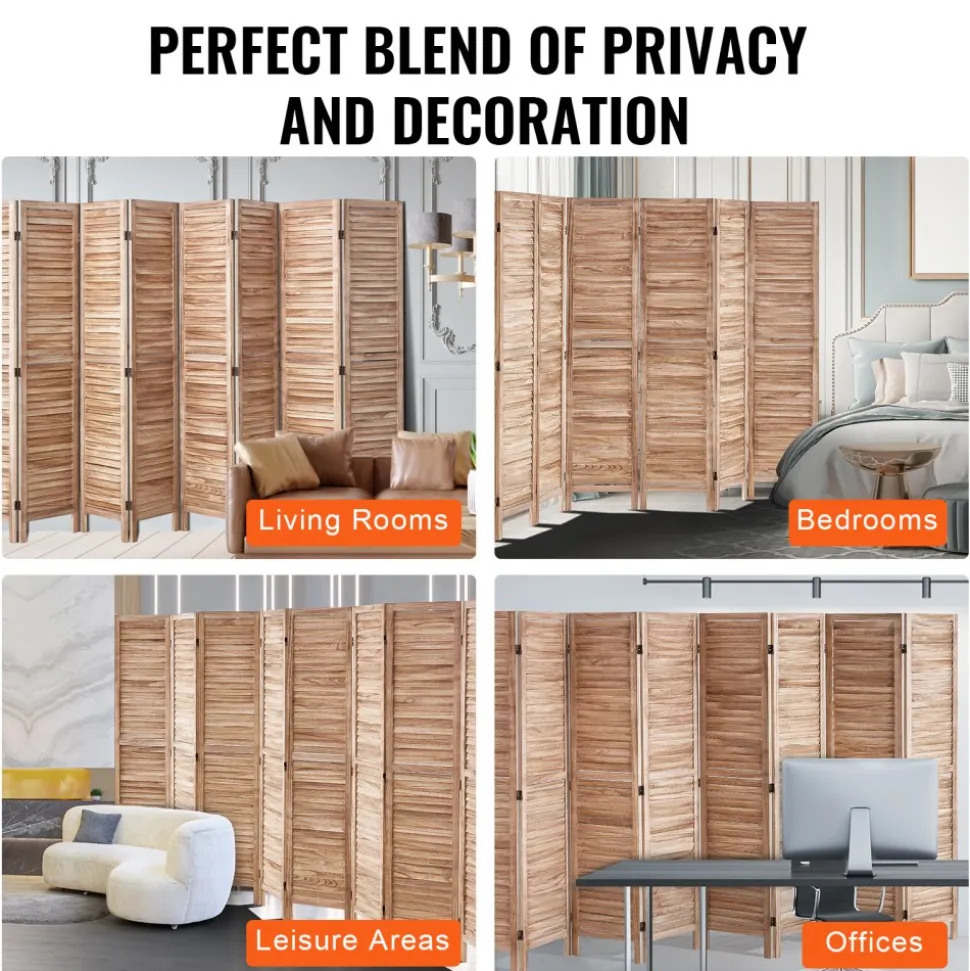 VEVOR Wood Room Divider, 8 Panel Wood Folding Privacy Screen, 66.9 Inches Tall Indoor Louvered Partition Divider, Portable Decoration Screen, for Room Separation, Home, Office, Restaurant & Bedroom