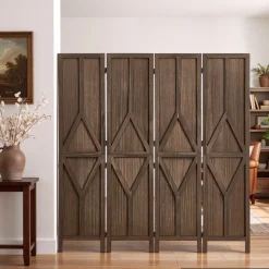 VEVOR Wood Room Divider 4 Panels Wood Folding Privacy Screen Y Pattern, For Room Separation & Home Decor, 67 inches Tall, Solid Frame, 360° Two-Way Hinges, Rustic Wooden Partition with Hardware