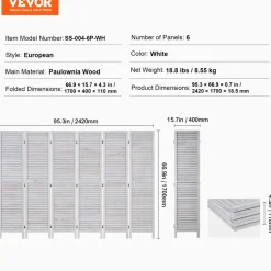 VEVOR Wood Room Divider, 6 Panel Wood Folding Privacy Screen, 66.9 Inches Tall Indoor Louvered Partition Divider, Portable Decoration Screen, for Room Separation, Home, Office, Restaurant & Bedroom