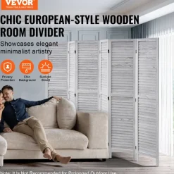 VEVOR Wood Room Divider, 6 Panel Wood Folding Privacy Screen, 66.9 Inches Tall Indoor Louvered Partition Divider, Portable Decoration Screen, for Room Separation, Home, Office, Restaurant & Bedroom