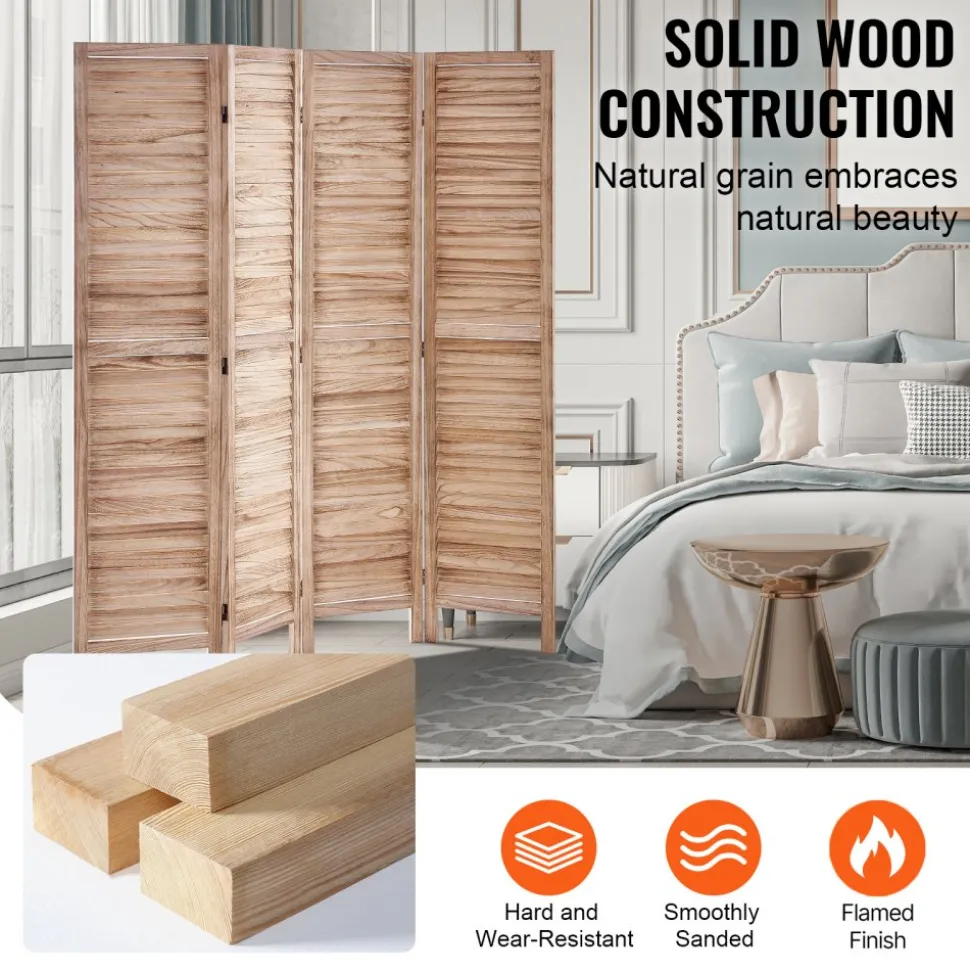 VEVOR Wood Room Divider 4 Panels Wood Folding Privacy Screen X Pattern, For Room Separation & Home Decor, 67 inches Tall, Solid Frame, 360° Two-Way Hinges, Rustic Wooden Partition with Hardware