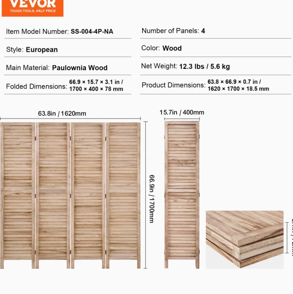VEVOR Wood Room Divider 4 Panels Wood Folding Privacy Screen X Pattern, For Room Separation & Home Decor, 67 inches Tall, Solid Frame, 360° Two-Way Hinges, Rustic Wooden Partition with Hardware