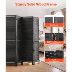 VEVOR Wood Room Divider 4 Panels 59.8" Pegboard Wood Folding Privacy Screen, For Room Separation & Home Decor, Solid Frame with X Pattern, 360° Two-Way Hinges, Rustic Wooden Partition with Hardware