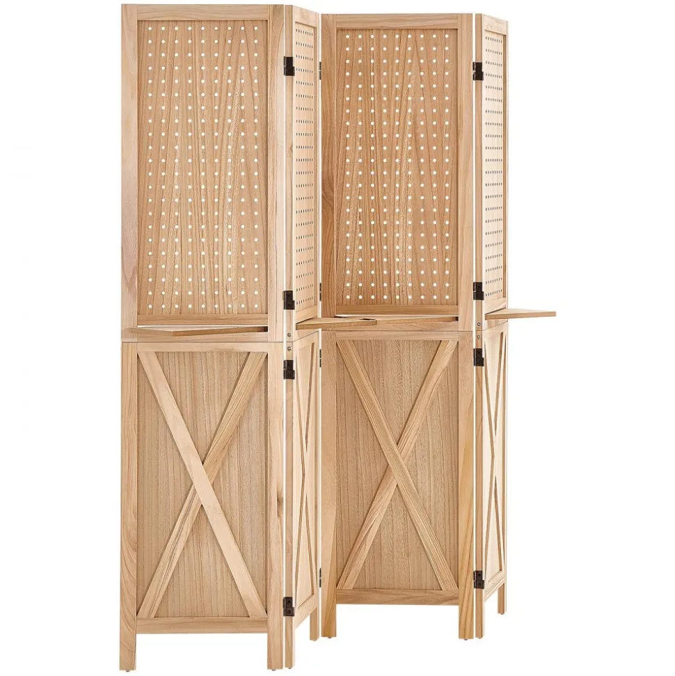 VEVOR Wood Room Divider Pegboard Wood Folding Privacy Screen with Shelves, For Room Separation & Home Decor, 4 Panels, Solid Frame with X Pattern, 360° Two-Way Hinges, Wooden Partition with Hardware