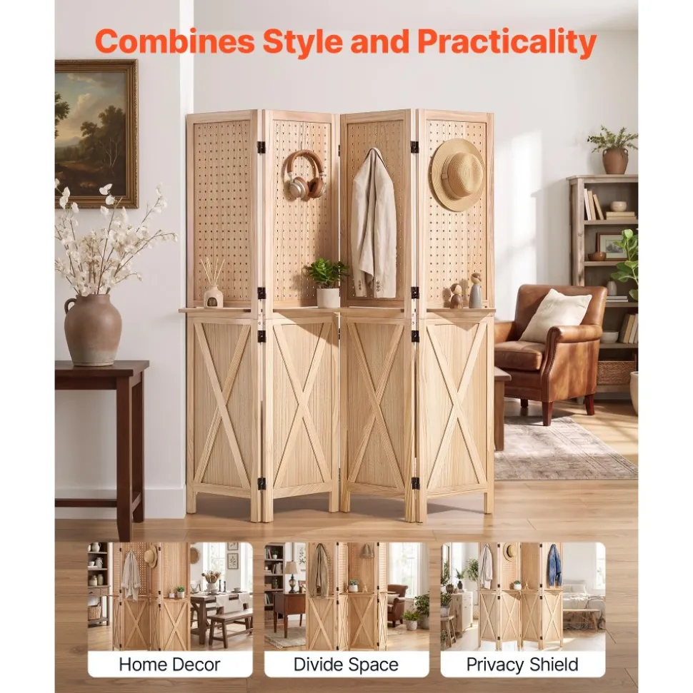 VEVOR Wood Room Divider Pegboard Wood Folding Privacy Screen with Shelves, For Room Separation & Home Decor, 4 Panels, Solid Frame with X Pattern, 360° Two-Way Hinges, Wooden Partition with Hardware