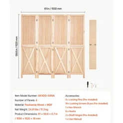 VEVOR Wood Room Divider Pegboard Wood Folding Privacy Screen with Shelves, For Room Separation & Home Decor, 4 Panels, Solid Frame with X Pattern, 360° Two-Way Hinges, Wooden Partition with Hardware