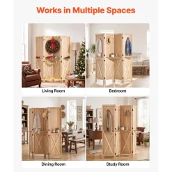 VEVOR Wood Room Divider Pegboard Wood Folding Privacy Screen with Shelves, For Room Separation & Home Decor, 4 Panels, Solid Frame with X Pattern, 360° Two-Way Hinges, Wooden Partition with Hardware