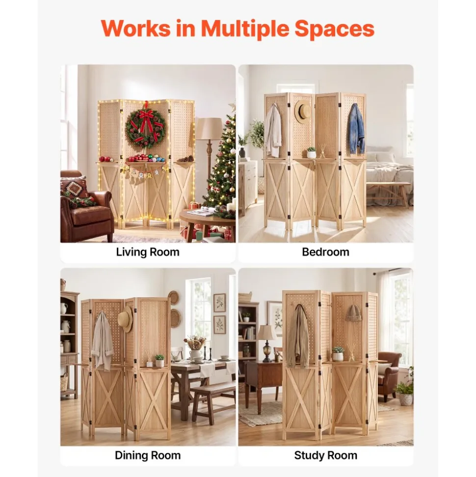 VEVOR Wood Room Divider Pegboard Wood Folding Privacy Screen with Shelves, For Room Separation & Home Decor, 4 Panels, Solid Frame with X Pattern, 360° Two-Way Hinges, Wooden Partition with Hardware