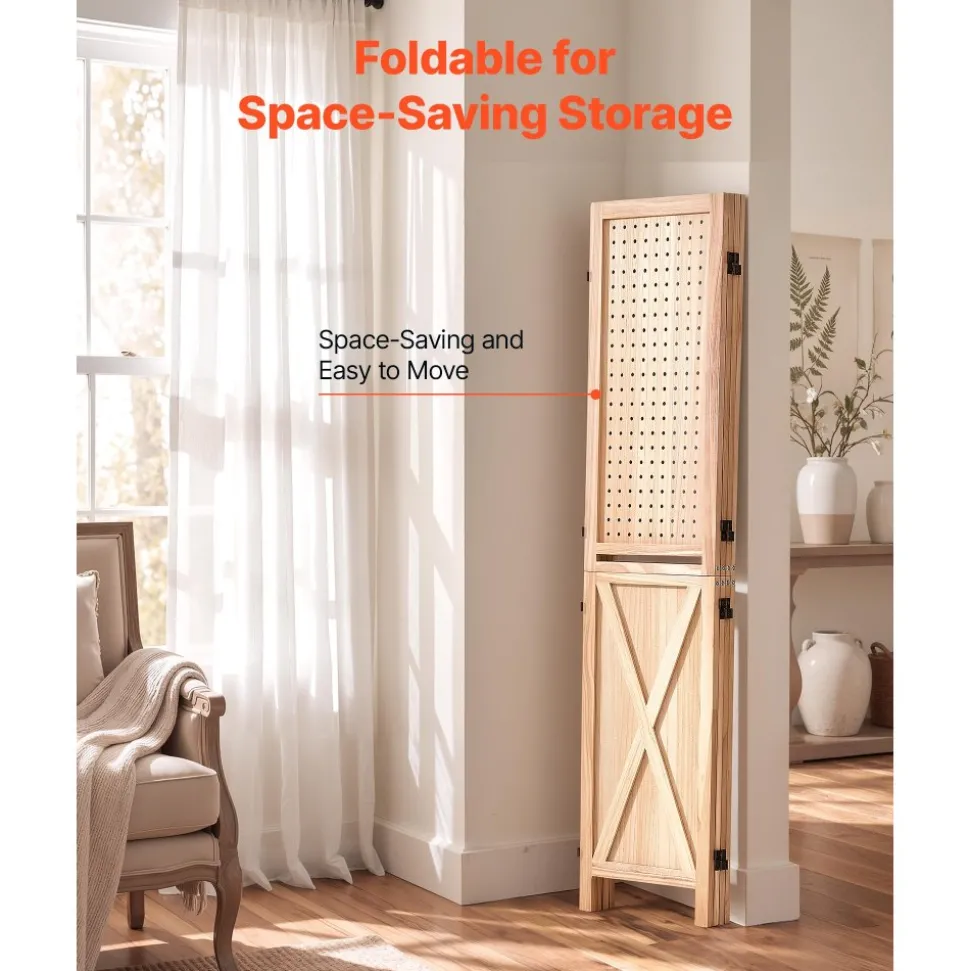 VEVOR Wood Room Divider Pegboard Wood Folding Privacy Screen with Shelves, For Room Separation & Home Decor, 4 Panels, Solid Frame with X Pattern, 360° Two-Way Hinges, Wooden Partition with Hardware