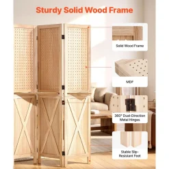 VEVOR Wood Room Divider Pegboard Wood Folding Privacy Screen with Shelves, For Room Separation & Home Decor, 4 Panels, Solid Frame with X Pattern, 360° Two-Way Hinges, Wooden Partition with Hardware