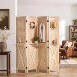 VEVOR Wood Room Divider Pegboard Wood Folding Privacy Screen with Shelves, For Room Separation & Home Decor, 4 Panels, Solid Frame with X Pattern, 360° Two-Way Hinges, Wooden Partition with Hardware