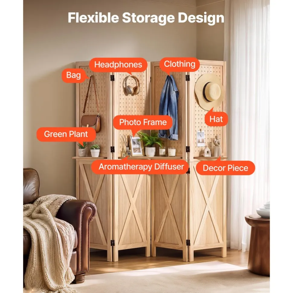 VEVOR Wood Room Divider Pegboard Wood Folding Privacy Screen with Shelves, For Room Separation & Home Decor, 4 Panels, Solid Frame with X Pattern, 360° Two-Way Hinges, Wooden Partition with Hardware