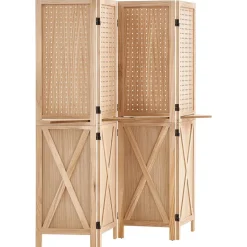 VEVOR Wood Room Divider Pegboard Wood Folding Privacy Screen with Shelves, For Room Separation & Home Decor, 4 Panels, Solid Frame with X Pattern, 360° Two-Way Hinges, Wooden Partition with Hardware