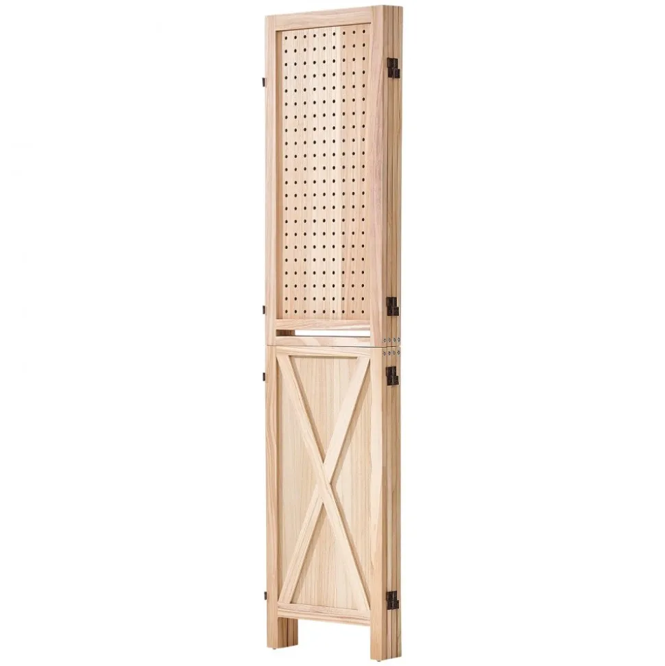 VEVOR Wood Room Divider Pegboard Wood Folding Privacy Screen with Shelves, For Room Separation & Home Decor, 4 Panels, Solid Frame with X Pattern, 360° Two-Way Hinges, Wooden Partition with Hardware