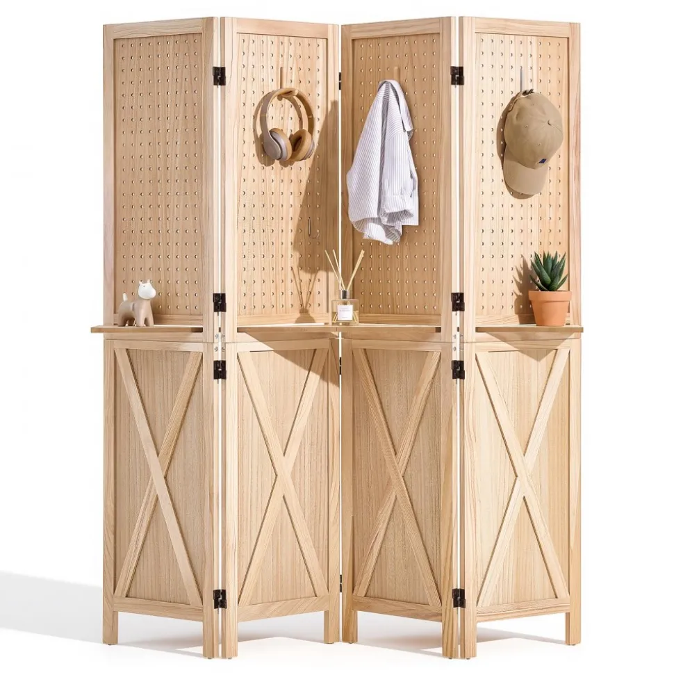VEVOR Wood Room Divider Pegboard Wood Folding Privacy Screen with Shelves, For Room Separation & Home Decor, 4 Panels, Solid Frame with X Pattern, 360° Two-Way Hinges, Wooden Partition with Hardware