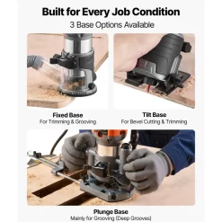 VEVOR Wood Router, 1 HP 710W, Variable Speed Palm Router Tool with 1/4 in Collet, Compact Edge Wood Trimmer with Fixed, Plunge & Tilt Base, Soft Start, for Woodworking, Trimming, DIY Projects, Corded