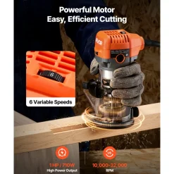 VEVOR Wood Router, 1 HP 710W, Variable Speed Palm Router Tool with Soft Start, Compact Wood Edge Trimmer with Fixed Base & 1/4-Inch Collet, Dust Hood, for Woodworking, Trimming, DIY Projects, Corded
