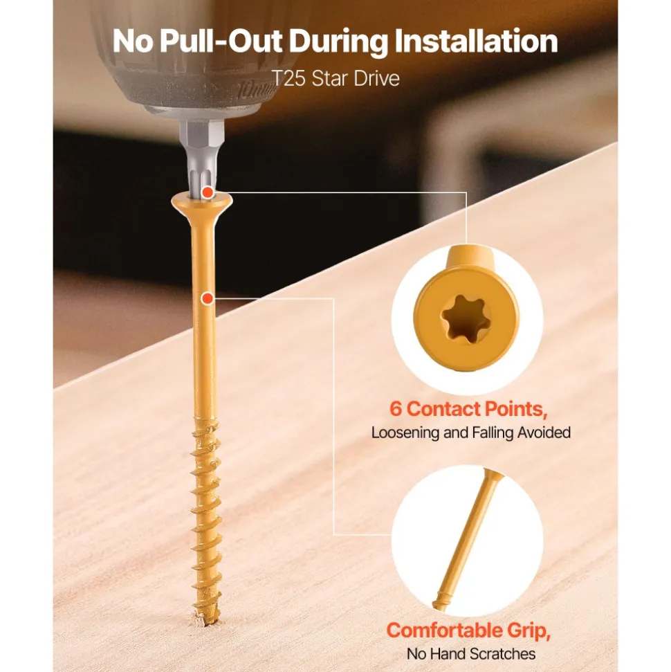 VEVOR Wood Screws 350 PCS, #10 x 3-Inch Anti-Rust Coated, Exterior Deck Screw Torx/T25 Star Drive, Metal Rust-Resistant Outdoor Decking Screws with 2 Screw Connectors, for Decking Fencing Framing