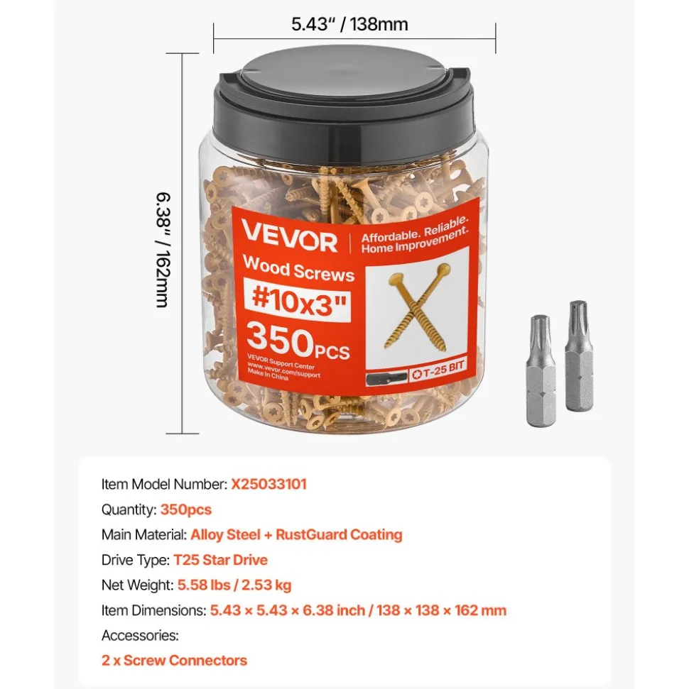 VEVOR Wood Screws 350 PCS, #10 x 3-Inch Anti-Rust Coated, Exterior Deck Screw Torx/T25 Star Drive, Metal Rust-Resistant Outdoor Decking Screws with 2 Screw Connectors, for Decking Fencing Framing