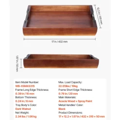 VEVOR Wood Serving Tray, Acacia Wooden Tray Board with Handles, Decorative Rustic Serving Trays Platter, Ideal for Breakfast in Bed, Lunch, Kitchen, Living Room, Ottoman, Coffee Table, Party, Couch