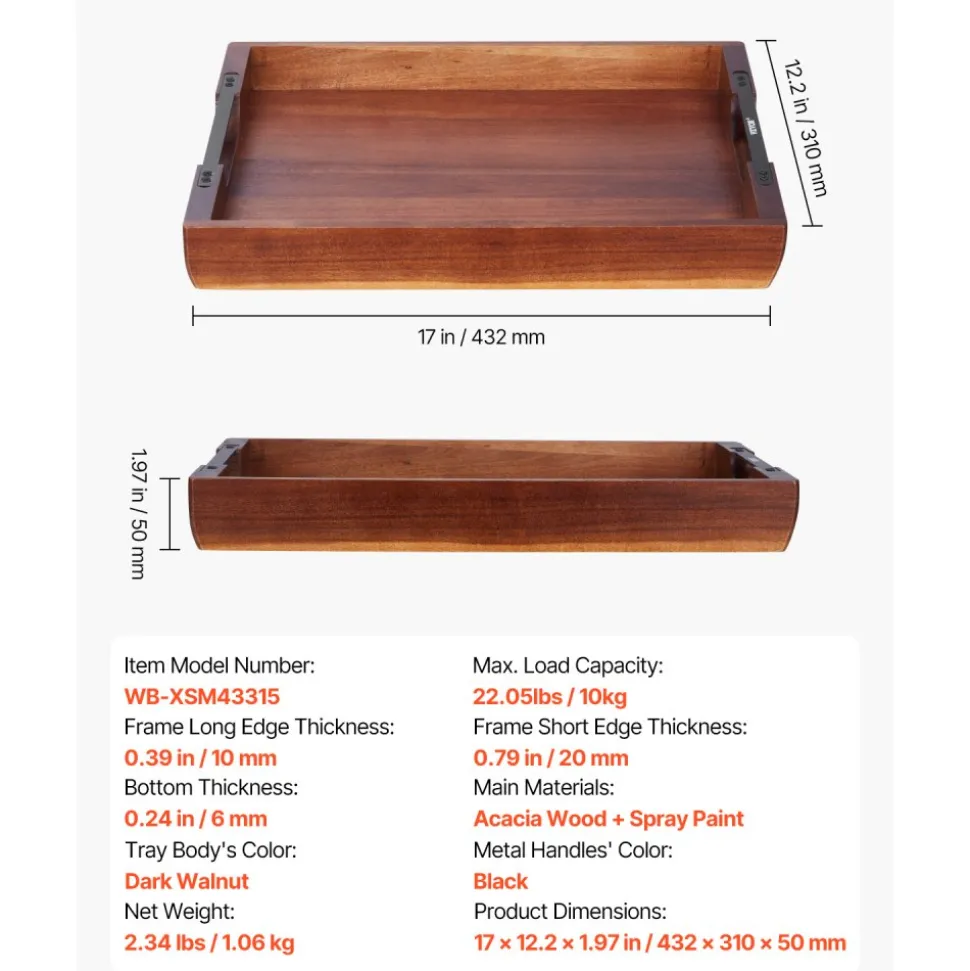 VEVOR Wood Serving Tray, Acacia Wooden Tray Board with Handles, Decorative Rustic Serving Trays Platter, Ideal for Breakfast in Bed, Lunch, Kitchen, Living Room, Ottoman, Coffee Table, Party, Couch