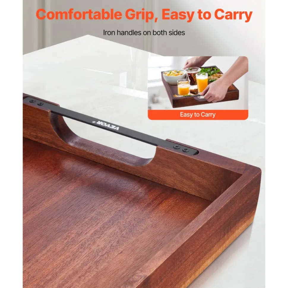 VEVOR Wood Serving Tray, Acacia Wooden Tray Board with Handles, Decorative Rustic Serving Trays Platter, Ideal for Breakfast in Bed, Lunch, Kitchen, Living Room, Ottoman, Coffee Table, Party, Couch