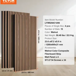VEVOR Wood Slat Acoustic Panels, 23.6 x 47.2 inch, MDF Accent Wooden Wall Panels for Modern Interior Wall, Faux Wood Wall Board Panels for Stylish Decor and Noise Reduction, Walnut