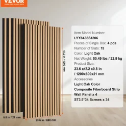 VEVOR Wood Slat Acoustic Panels, 23.6 x 47.2 inch, MDF Accent Wooden Wall Panels for Modern Interior Wall Decor, Faux Wood Wall Board Panels for Noise Reduction, Light Oak