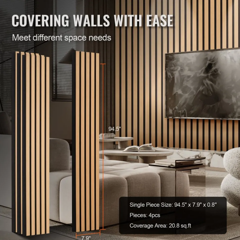 VEVOR Wood Slat Acoustic Panels, 7.9 x 94.5 inch, MDF Accent Wooden Wall Panels for Modern Interior Wall Decor, Faux Wood Wall Board Panels for Noise Reduction, Light Oak