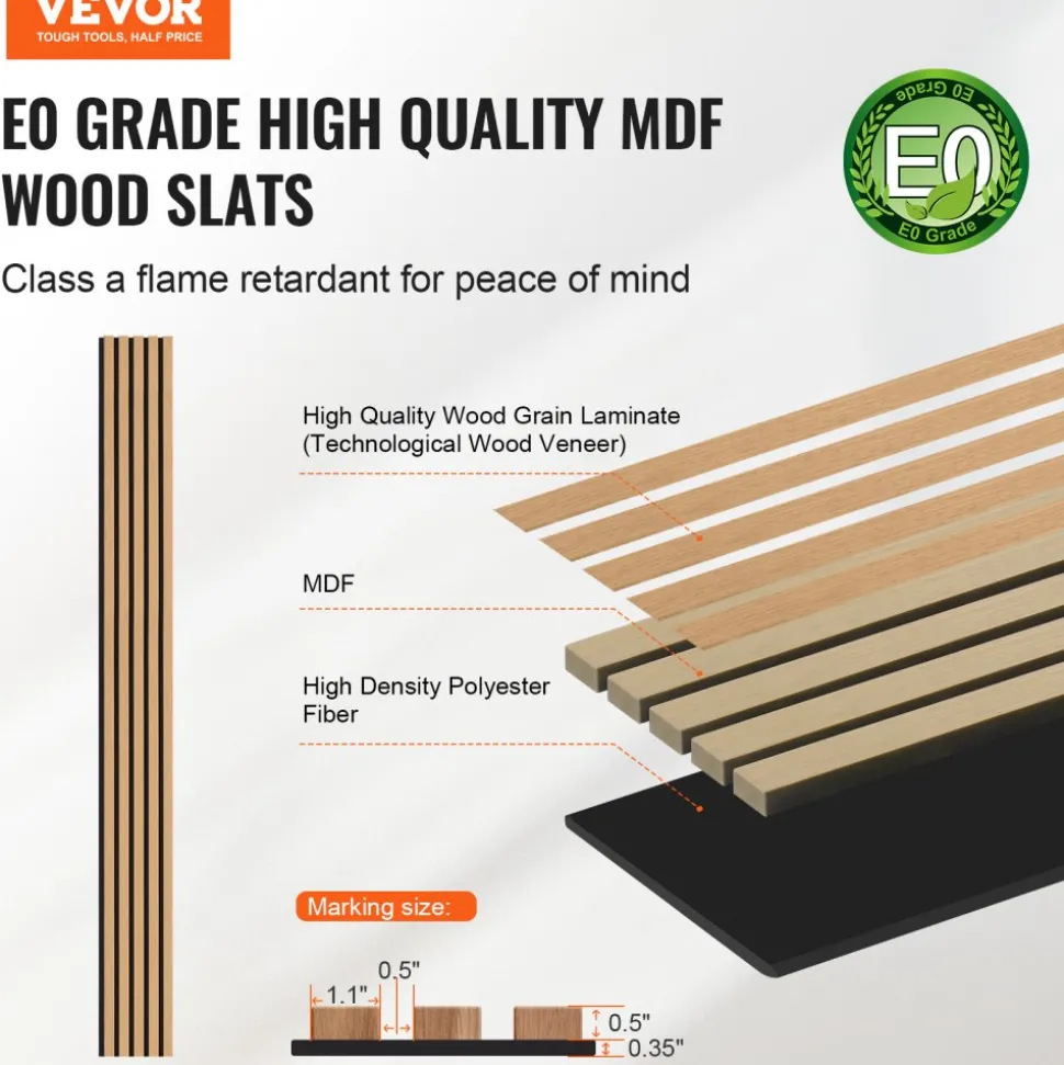 VEVOR Wood Slat Acoustic Panels, 7.9 x 94.5 inch, MDF Accent Wooden Wall Panels for Modern Interior Wall Decor, Faux Wood Wall Board Panels for Noise Reduction, Light Oak