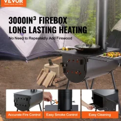 VEVOR Wood Stove, 118 inch, Alloy Steel Camping Tent Stove, Portable Wood Burning Stove with Chimney Pipes & Gloves, 3000in³Firebox Hot Tent Stove for Outdoor Cooking and Heating with 8 Pipes